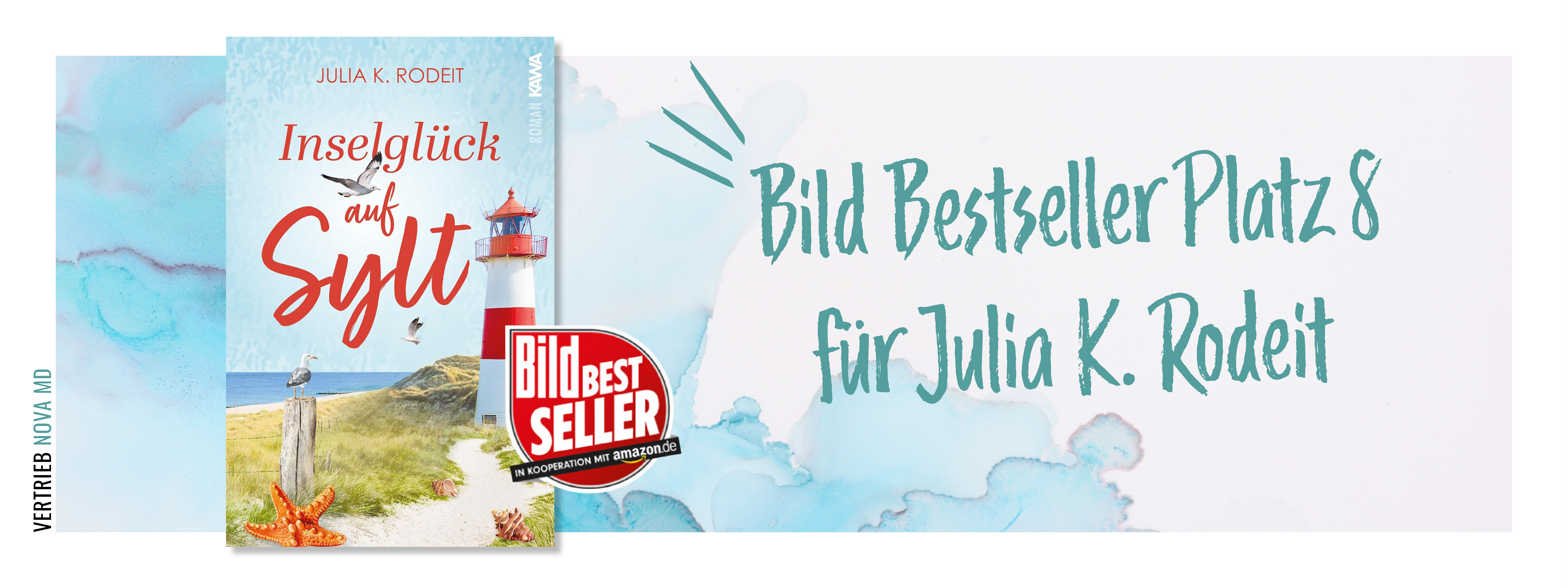 Cover des Buches &quot;Inselglück auf Sylt&quot; mit Bekanntgabe des BILD Bestsellers auf türkisem Aquarellfarbenhintergrund