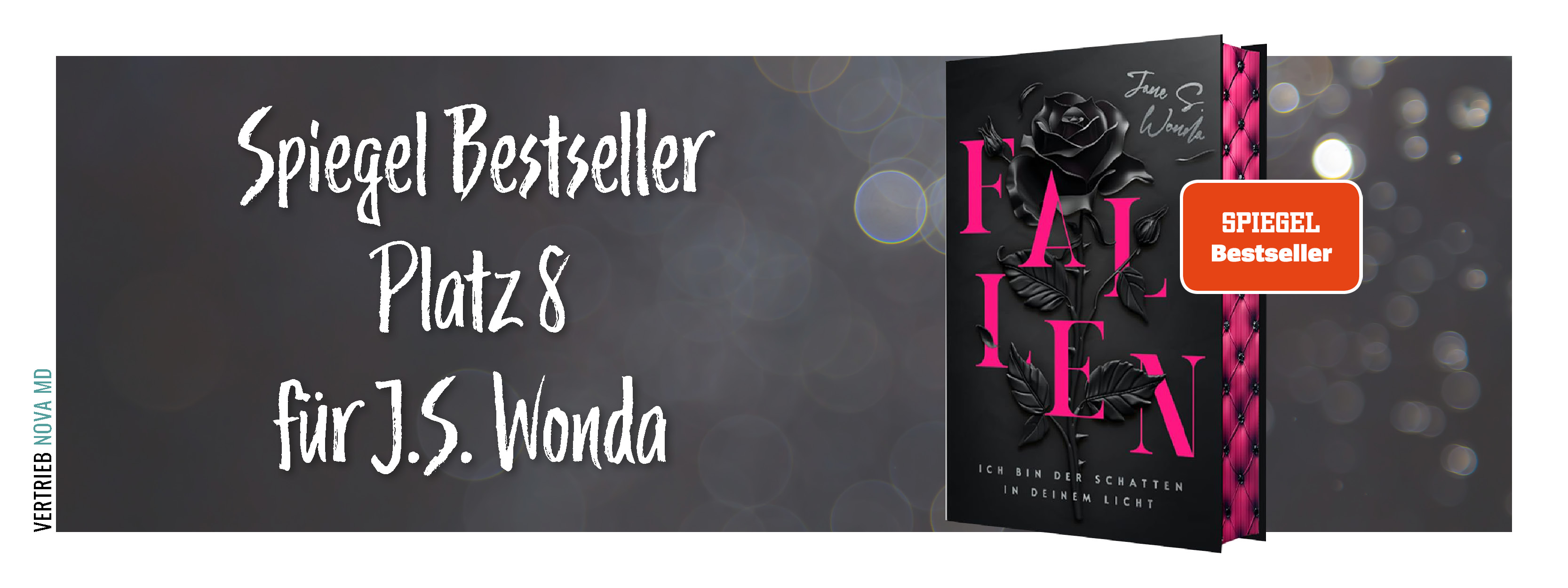 Bekanntgabe SPIEGEL-Bestseller für Fallen von J.S. Wonda - Cover vor grauem Hintergrund