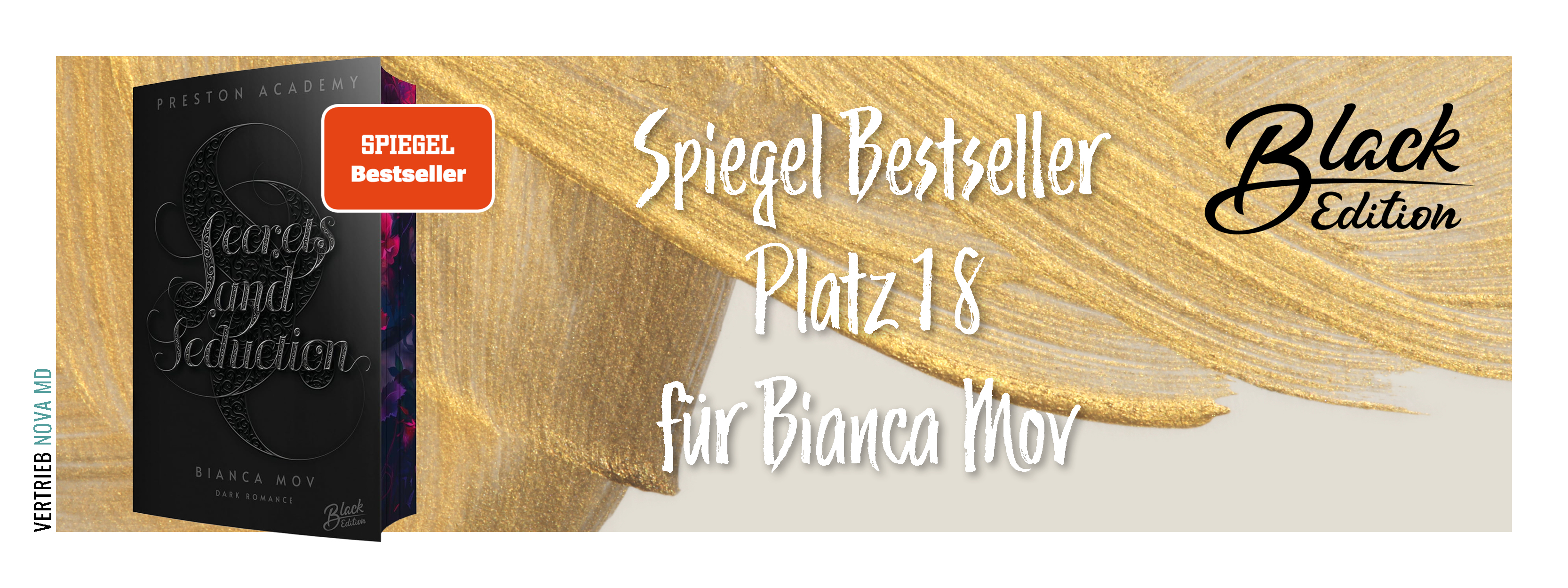 Bekanntgabe SPIEGEL-Bestseller für &quot;Secrets and Seduction&quot; von Bianca Mov mit Abbildung des Buches vor goldenem Hintergrund
