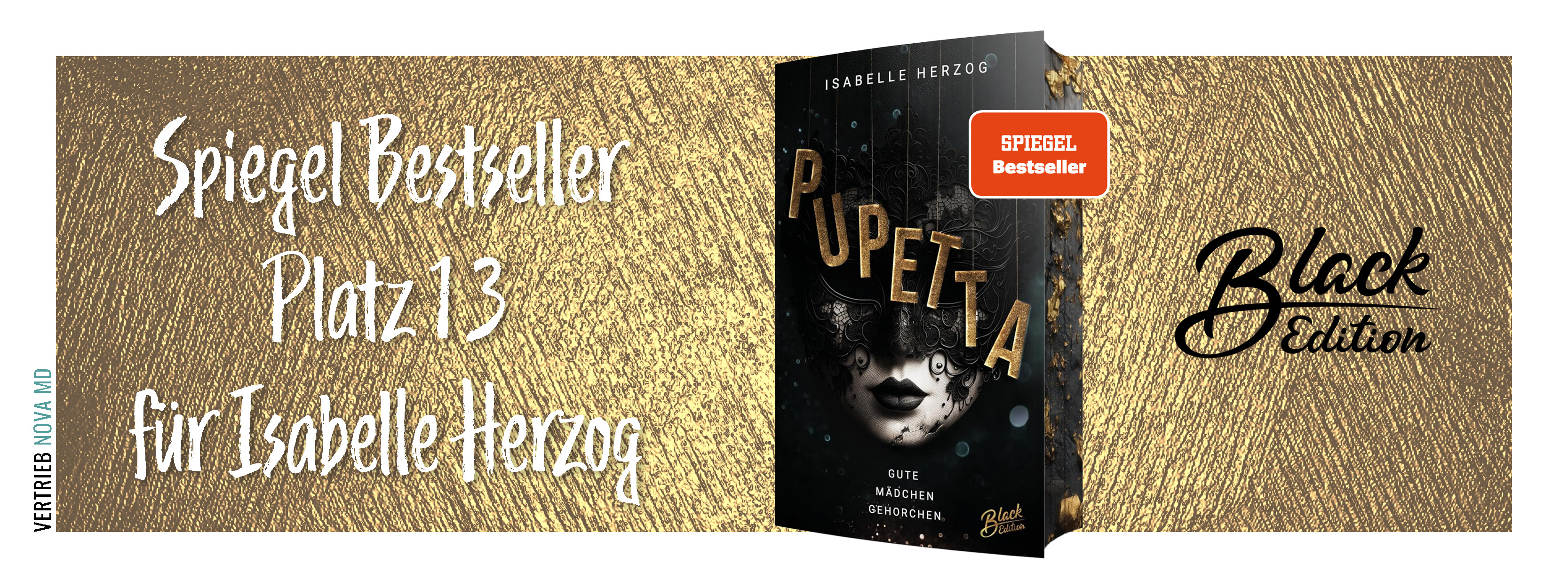 SPIEGEL Bestseller für Pupetta Darstellung des Covers und der Auszeichnung auf petrolfarbenen Hintergrund