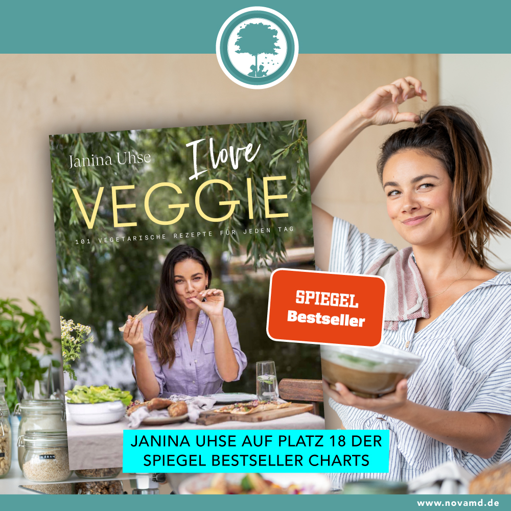 Schauspielerin und Food-Bloggerin Janina Uhse schafft es mit ihrem vegetarischen Kochbuch "I love Veggie" auf Anhieb in die Spiegel-Bestseller-Liste auf Platz 18!