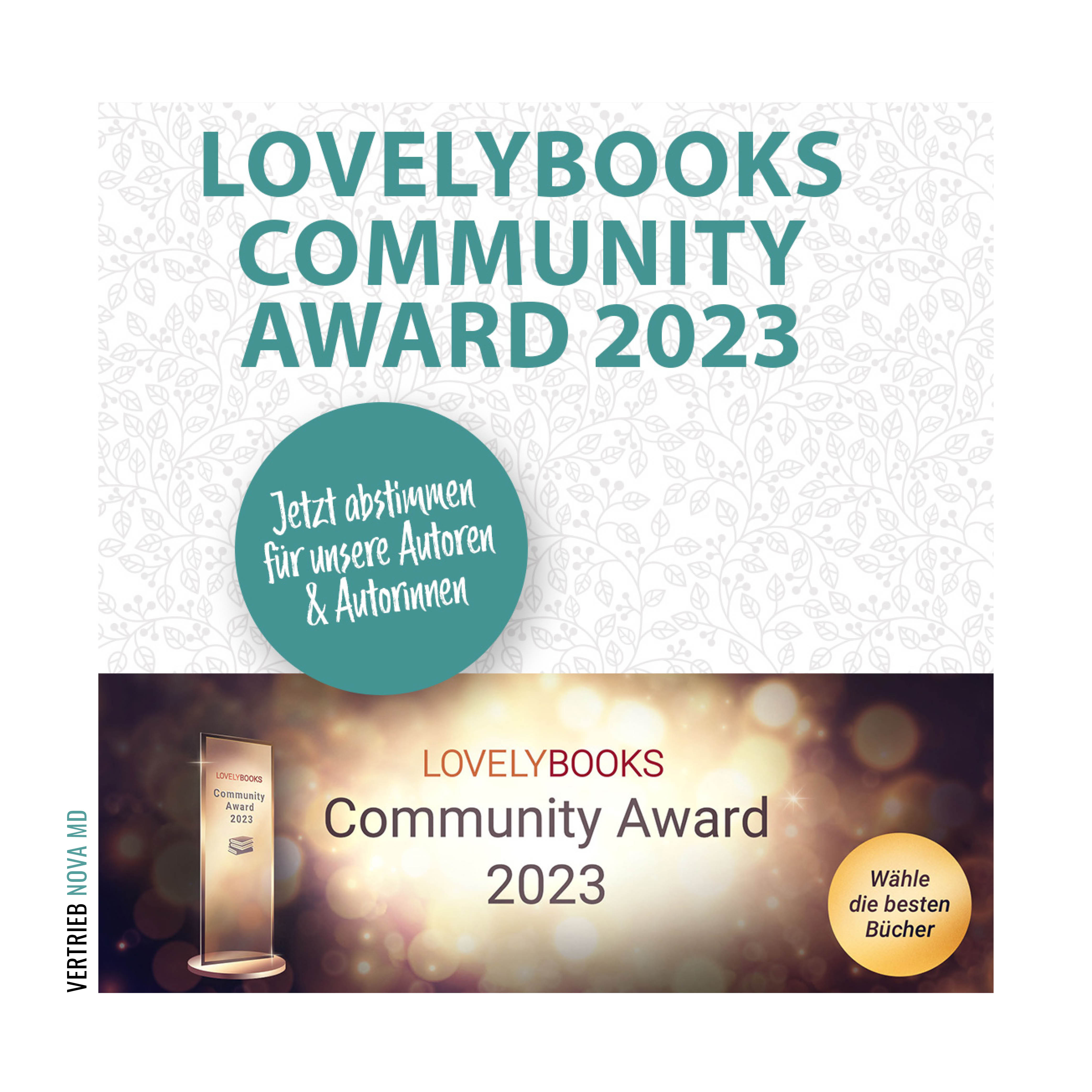 Text Ankündigung Lovelybooks Community Award 2023 und Abbildung der Auszeichnung