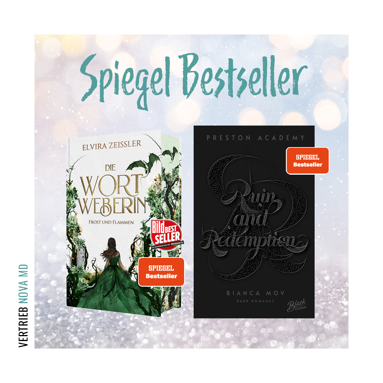 Bekanntgabe SPIEGEL-Bestseller für "Ruin and Redemtion" von Bianca Mov und "Die Wortweberin 3" von Elvira Zeißler mit Abbildung des Buches vor silbernen Hintergrund