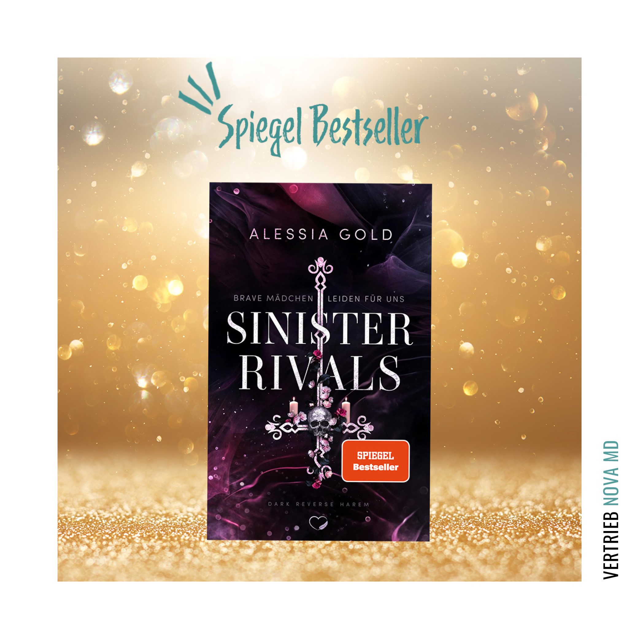 Cover des Buches "Sinister Rivals" von Alessia Gold mit Spiegel Bestseller Auszeichnung vor goldenem Hintergund