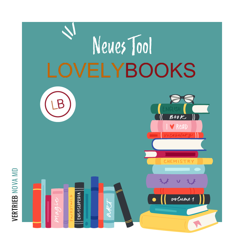 Illustration eines Bücherstapels mit Ankündigung des neuen Tools LovelyBooks